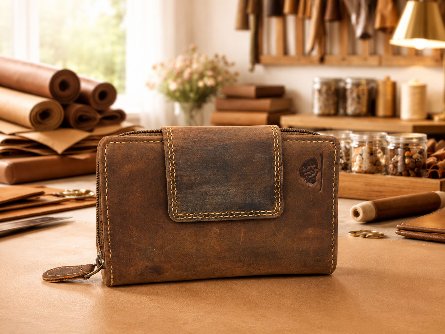 Vintage Lederbörse Antikleder braun Fettleder Reißverschluss Damen Riegel Klappe