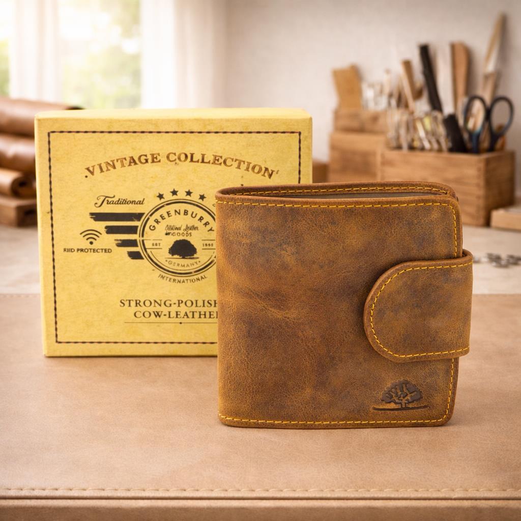 Damen Geldbörse Leder Vintage – Riegelbörse mit Kartenfächern, Sichtfenster & Münzfach aus Rindleder