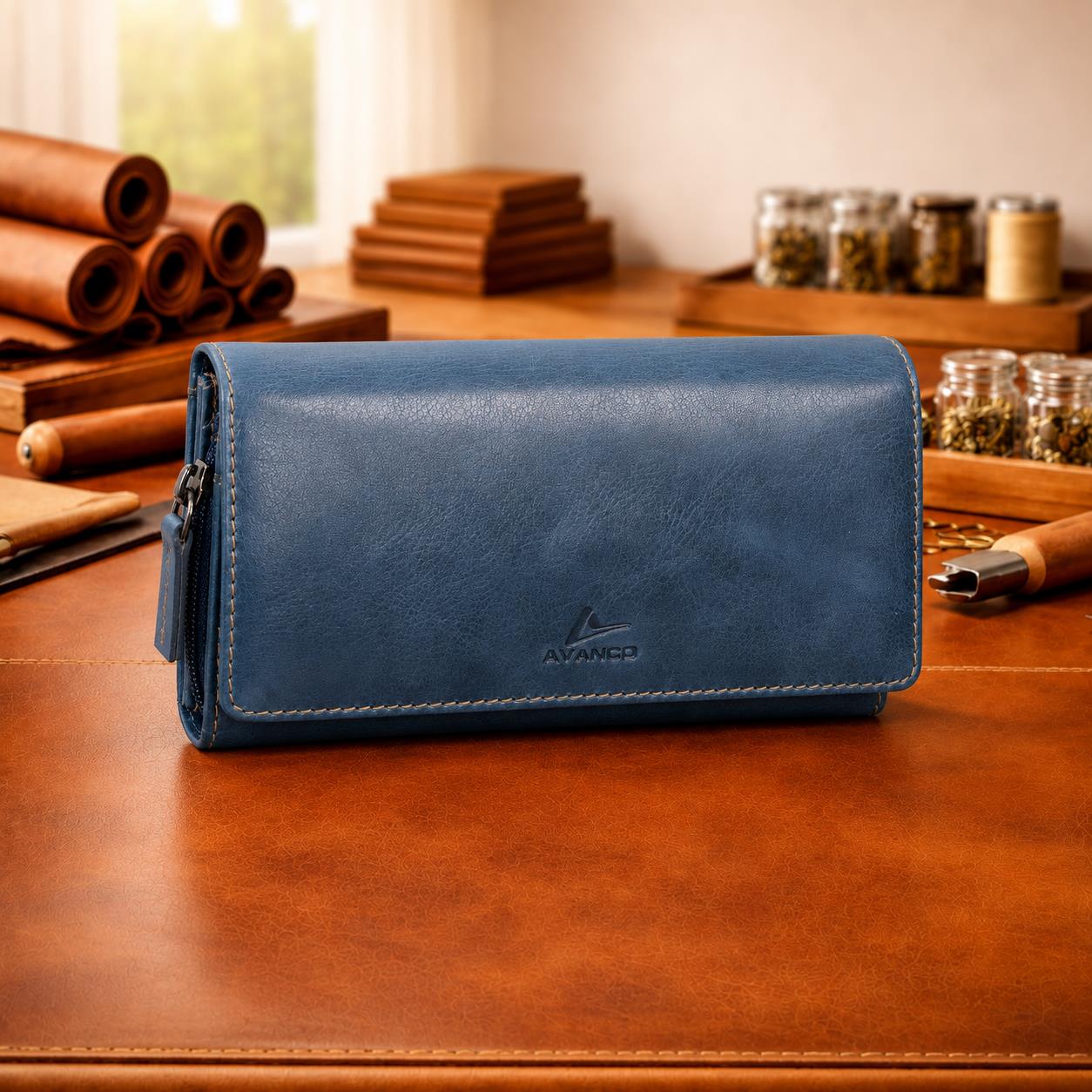 Leder Damenportemonnaie blau Langformat – RFID Ausleseschutz