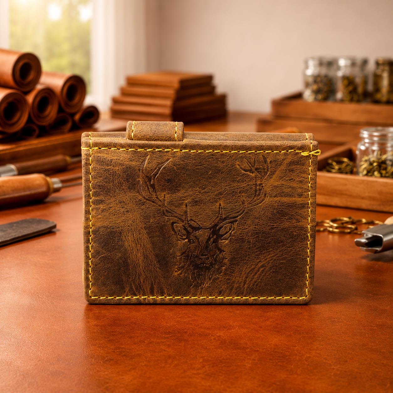 RFID Kartenetui Leder mit Münzfach – Vintage Card Slider Hirschprägung – kompaktes Portemonnaie für Damen & Herren