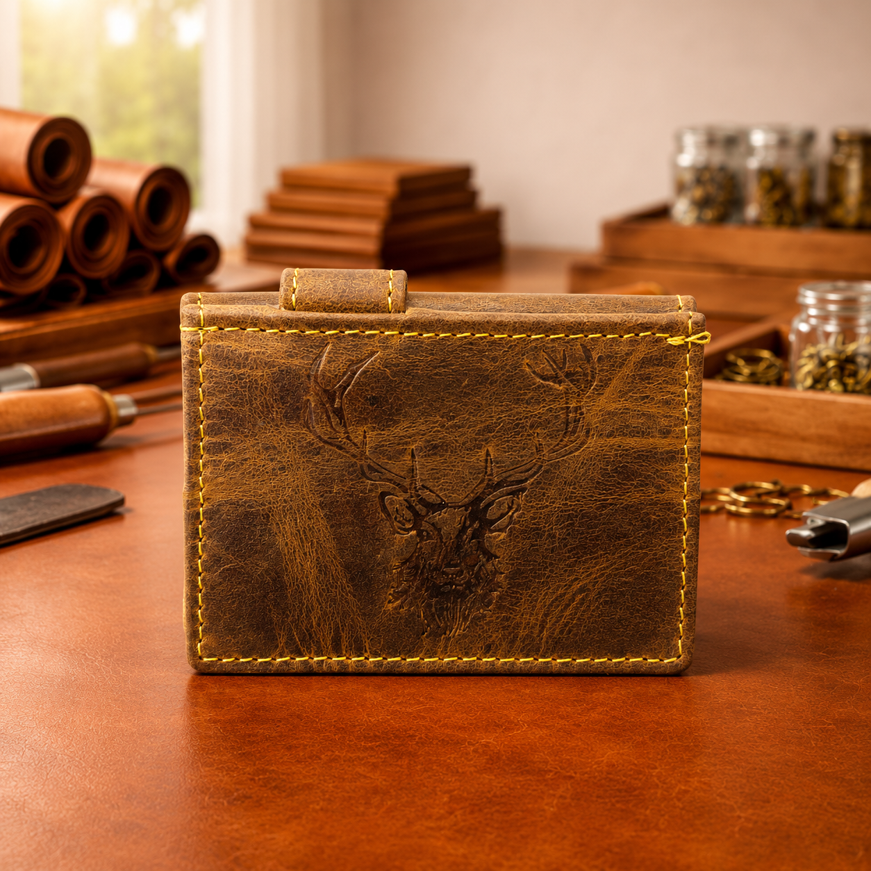 RFID Kartenetui Leder mit Münzfach – Vintage Card Slider Hirschprägung – kompaktes Portemonnaie für Damen & Herren
