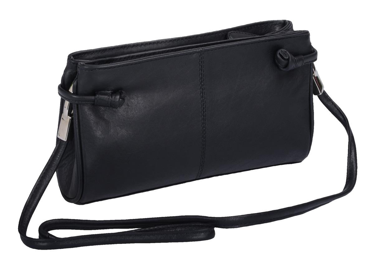 längliche schwarze Lederabendtasche, Clutch mit Zierknoten