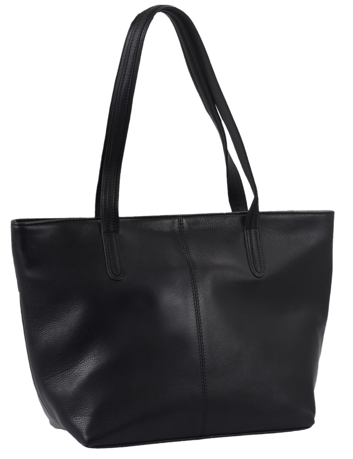 schwarze Ledershopper mit breitem Boden, Metallreißverschluss, Büffelleder