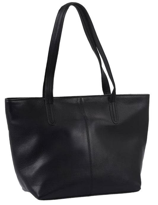 schwarze Ledershopper mit breitem Boden, Metallreißverschluss, Büffelleder