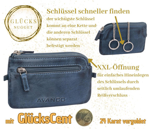 GlücksNugget Schlüsseltasche mit XXL-Öffnung und 2 Schlüsselringen aus Leder, blau + vergoldeter Glückscent