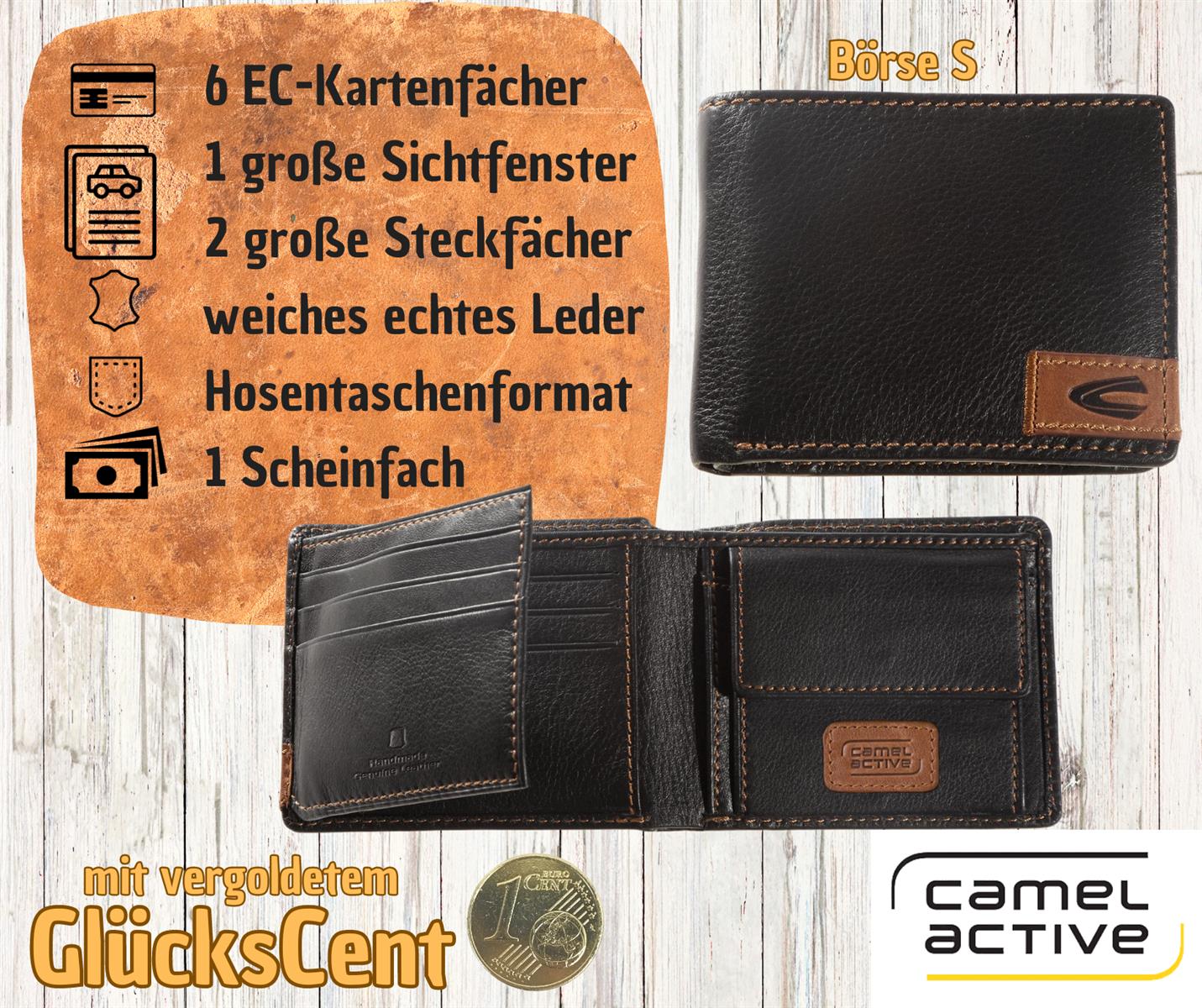 camel active Leder Herren Börse schwarz mit vergoldetem Glückscent