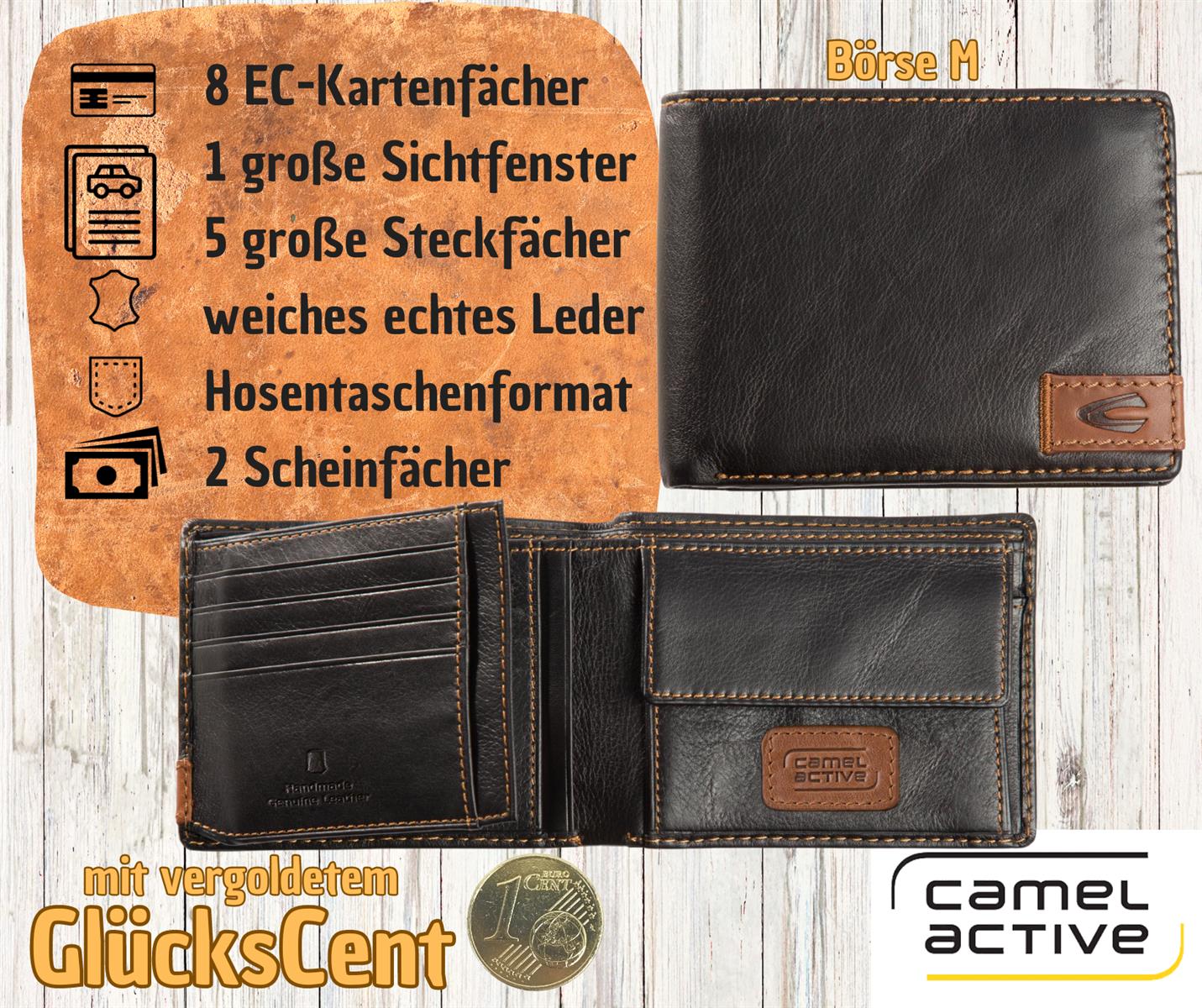 camel active Leder Herren Börse schwarz mit vergoldetem Glückscent