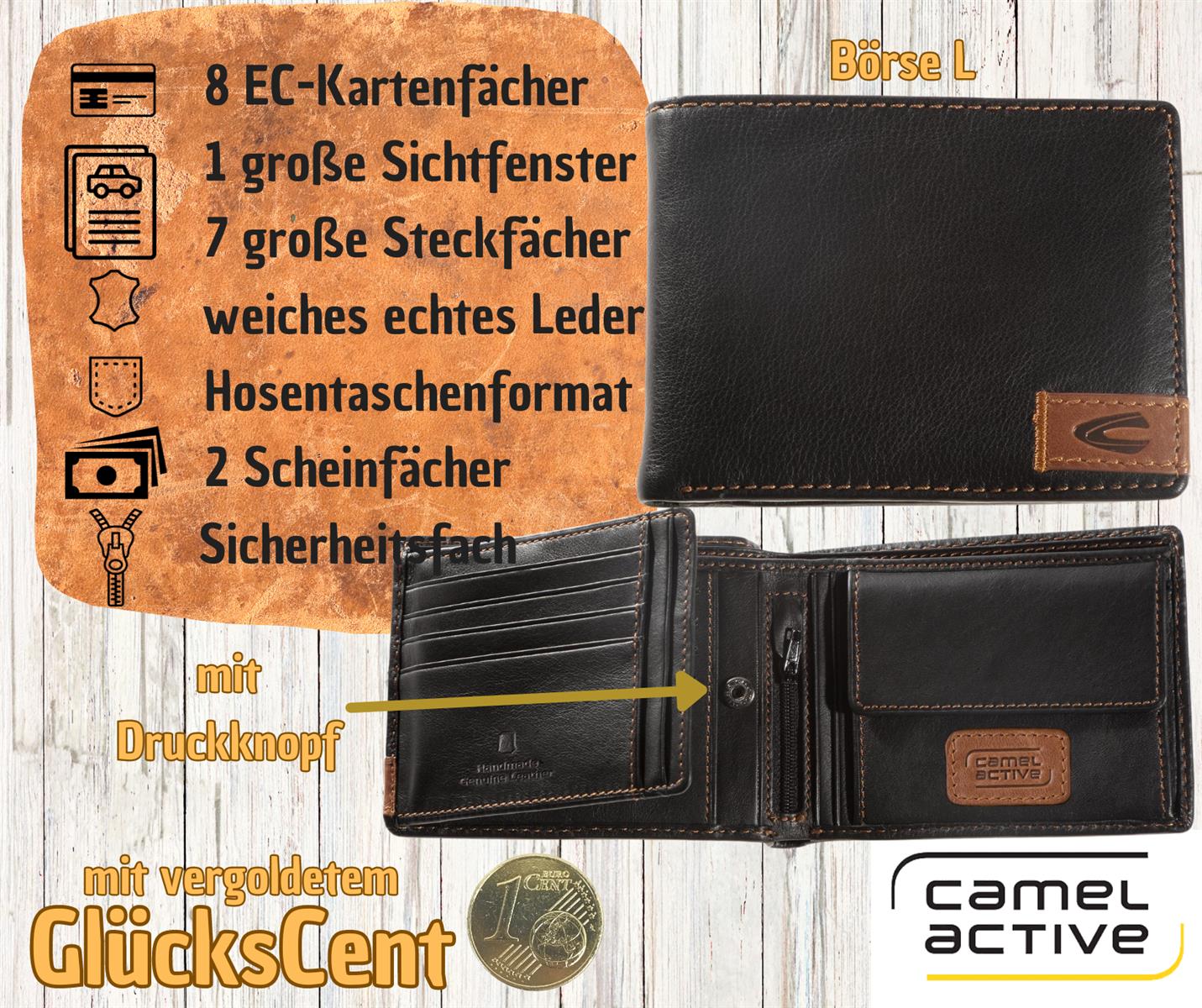 camel active Leder Herren Börse schwarz mit vergoldetem Glückscent