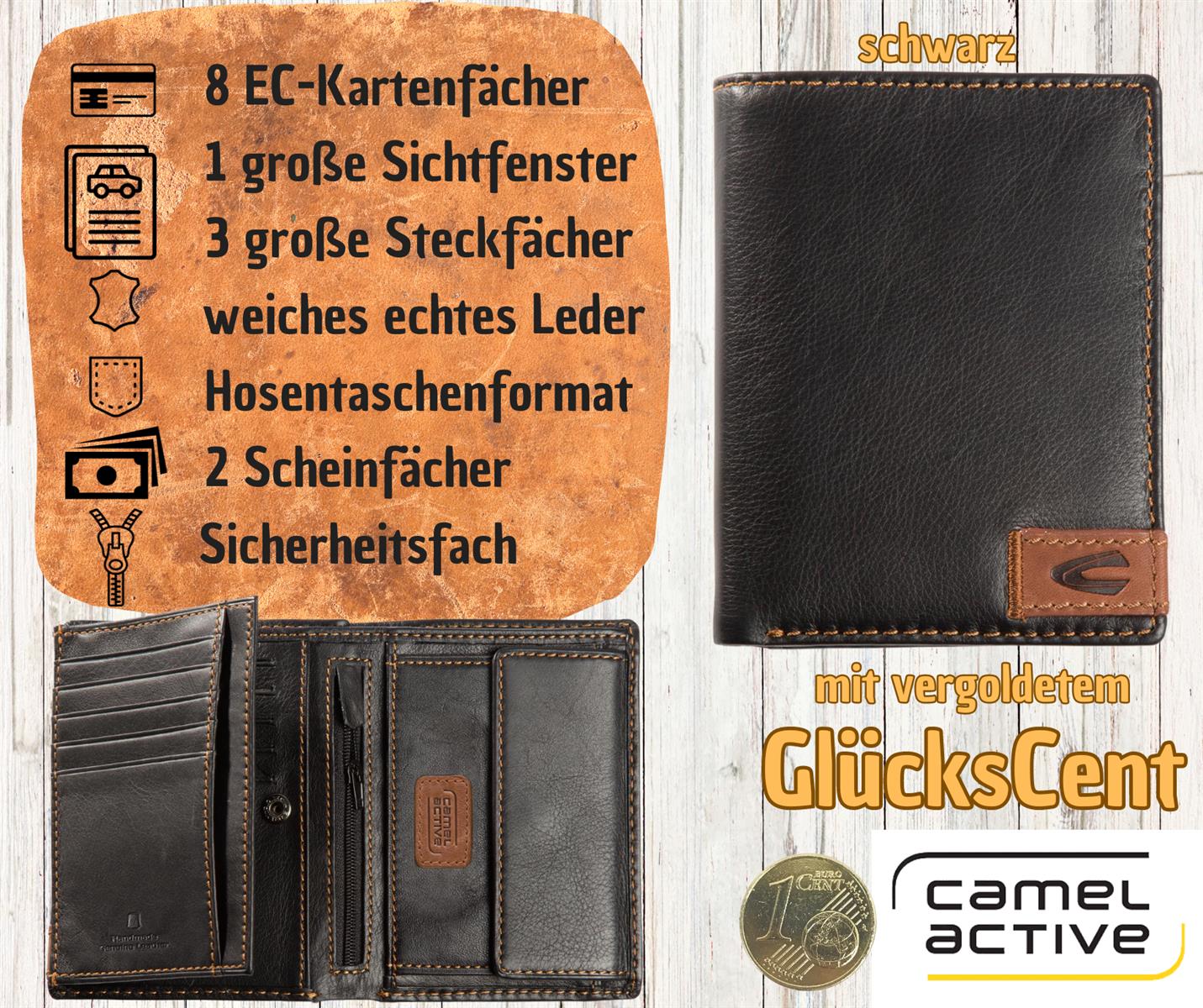 camel active Leder Herren Börse schwarz mit vergoldetem Glückscent