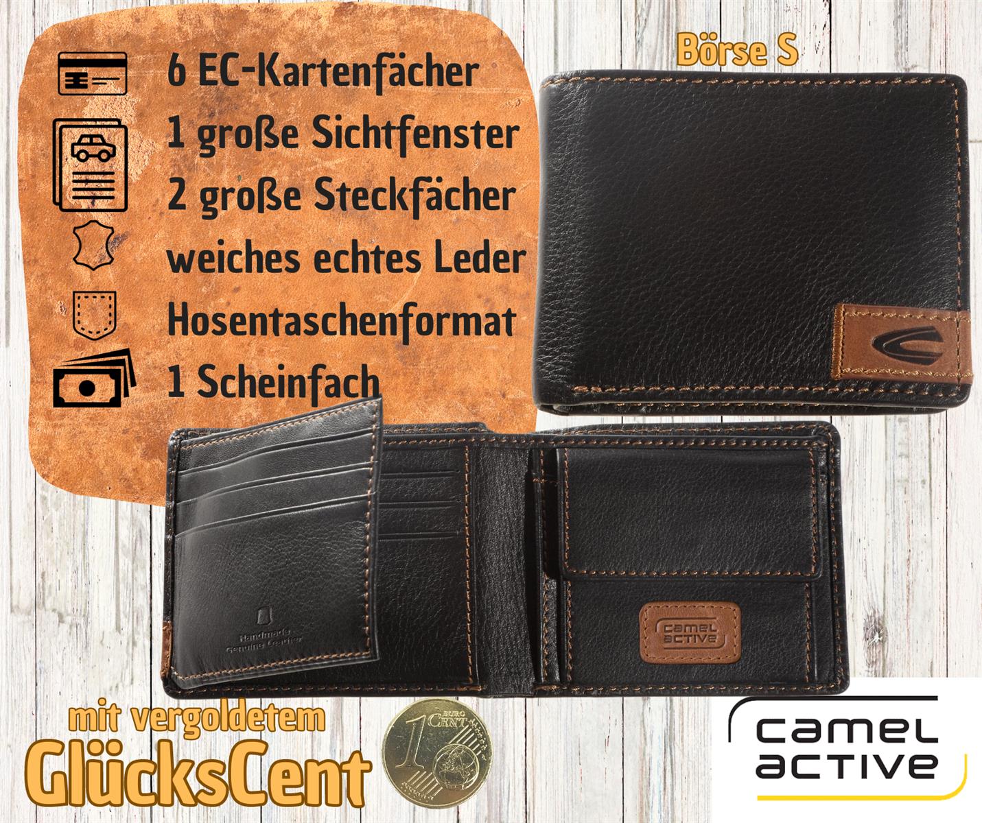 camel active Herren Geldbörse braun, weiches Leder mit vergoldetem Glückscent
