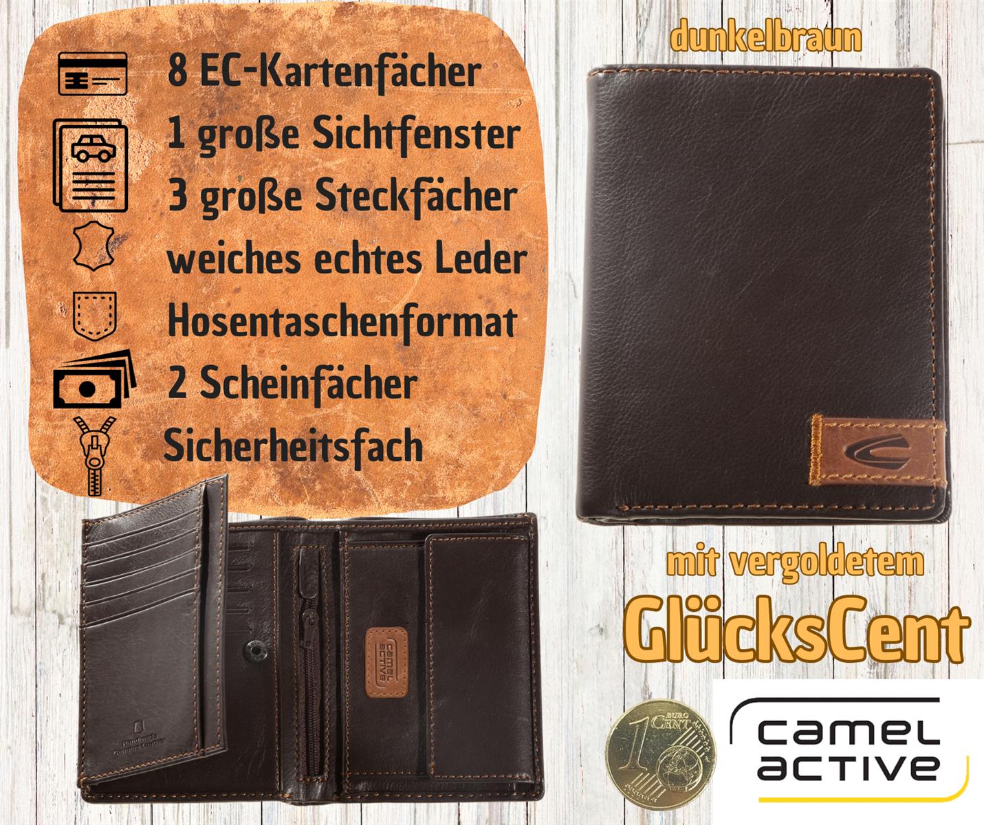 camel active Herren Geldbörse braun, weiches Leder mit vergoldetem Glückscent