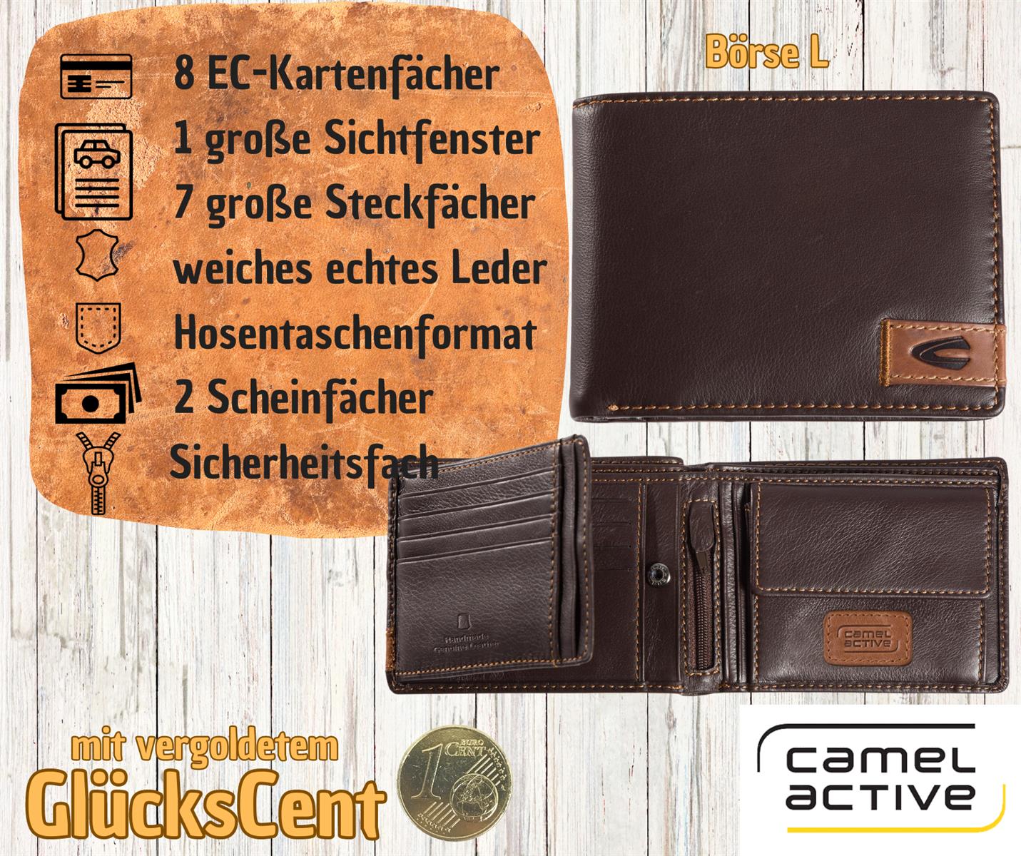 camel active Herren Geldbörse braun, weiches Leder mit vergoldetem Glückscent