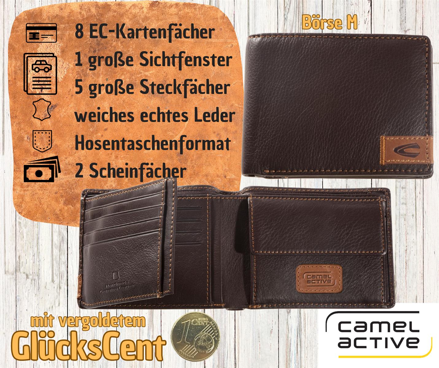camel active Herren Geldbörse braun, weiches Leder mit vergoldetem Glückscent