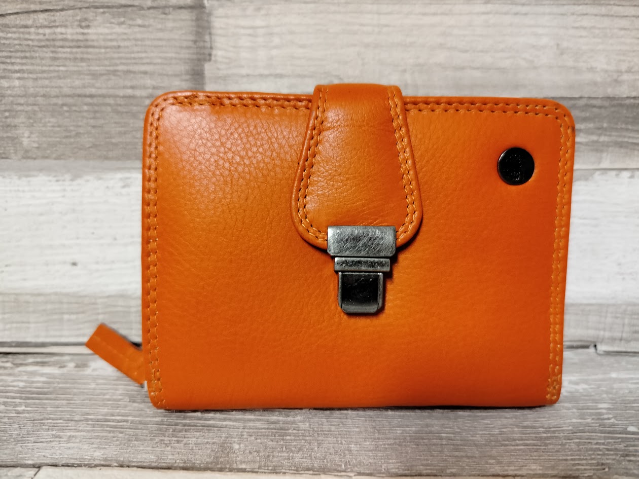 Leder Geldbörse Damen orange klein – Schlossbörse mit 9 Kartenfächern – kompakte Damenbörse aus Leder – Geschenk für sie