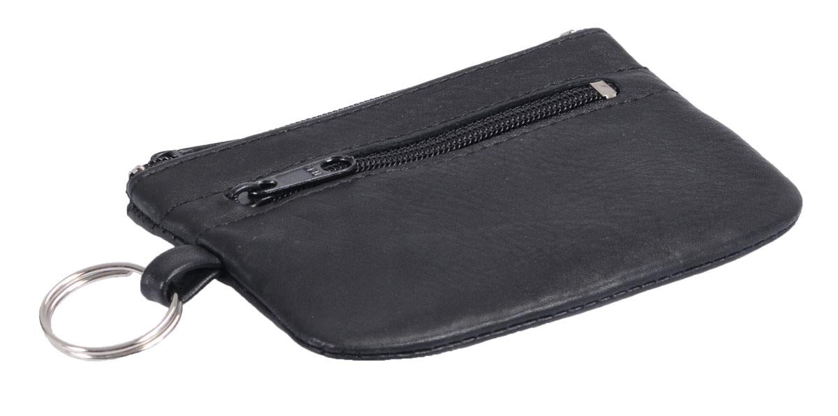Flache Lederschlüsseltasche schwarz mit Außenring - Schlüsseletui Schlüsselanhänger