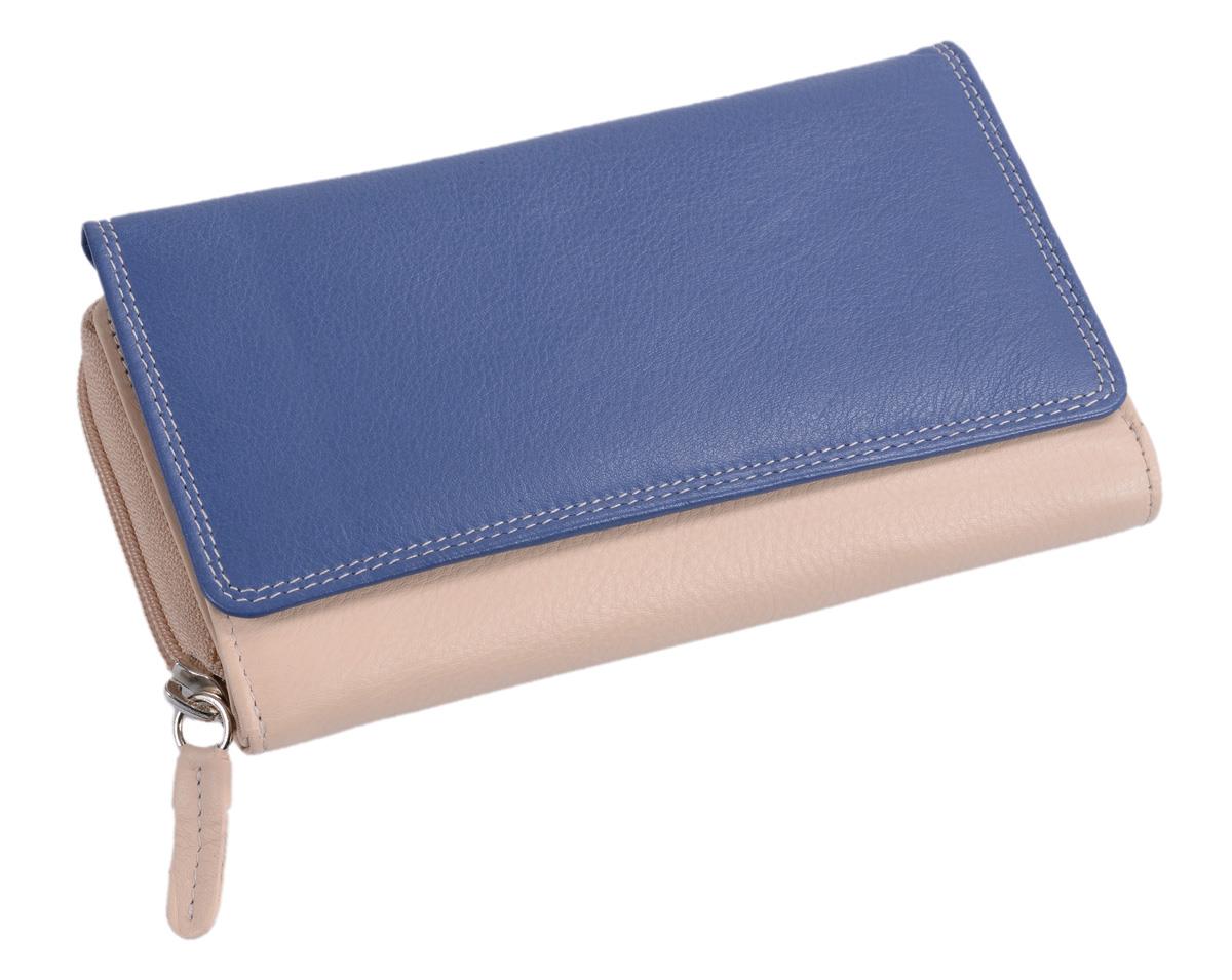 Lemondo Damenlangbörse, Leder, viele Kartenfächer, blau/beige/orange
