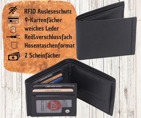 RFID-Ausleseschutz Herrenbörse querfortmat schwarz, echt Leder