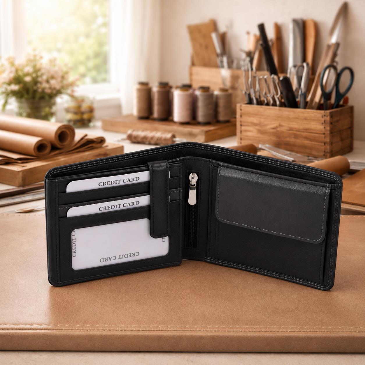 Herrenbörse Herren Geldbörse Leder querformat, schwarz/grau  12,5x9,5x2,5cm