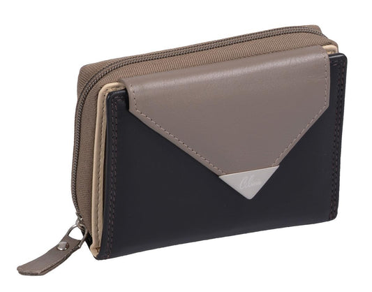 Leder Reißverschlussbörse schwarz-taupe – Damen Geldbörse mit schräger Klappe & RFID
