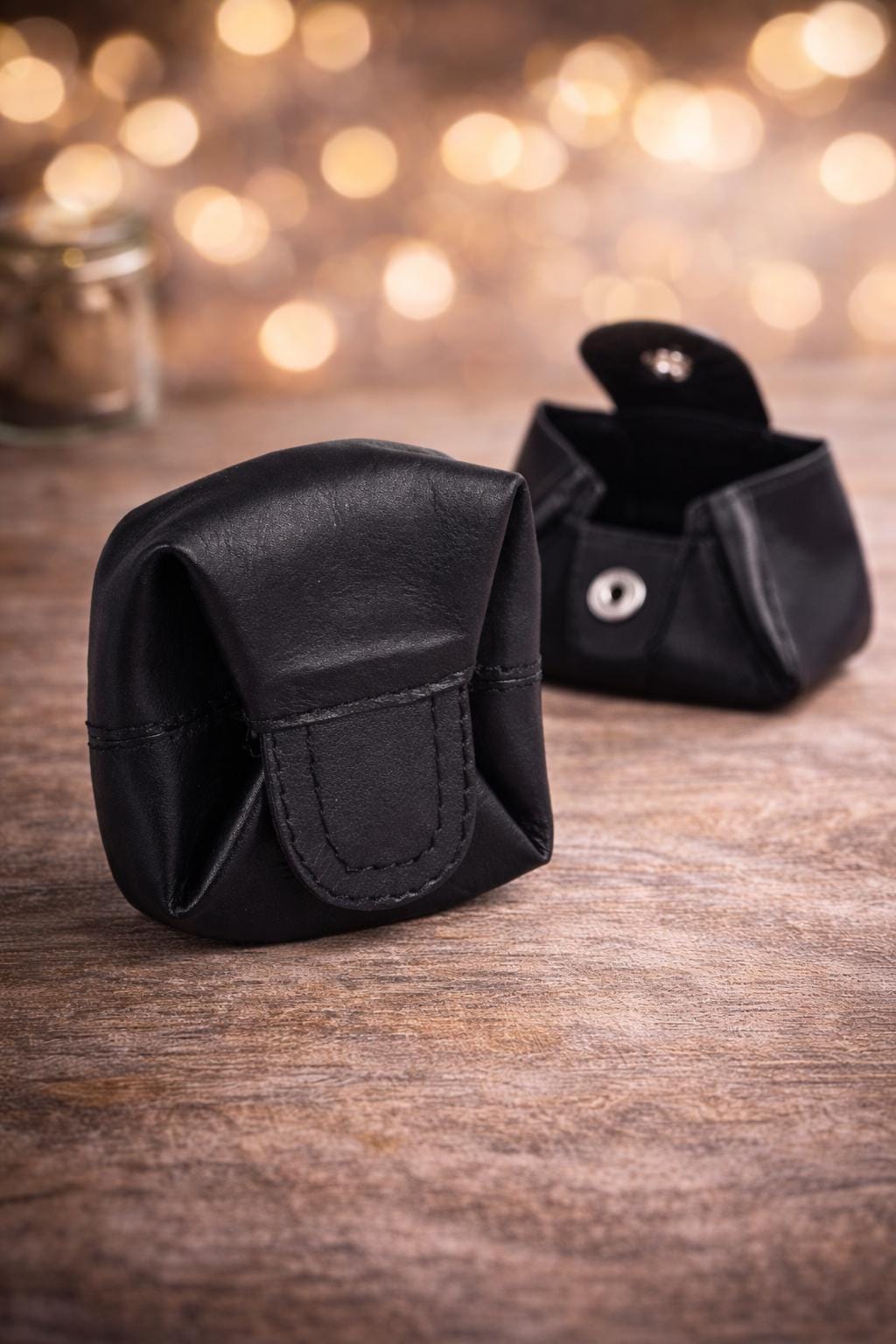 sehr kleines Geldsäckchen Herren Kleingeldbörse, Wiener Schachtel, Leder, schwarz