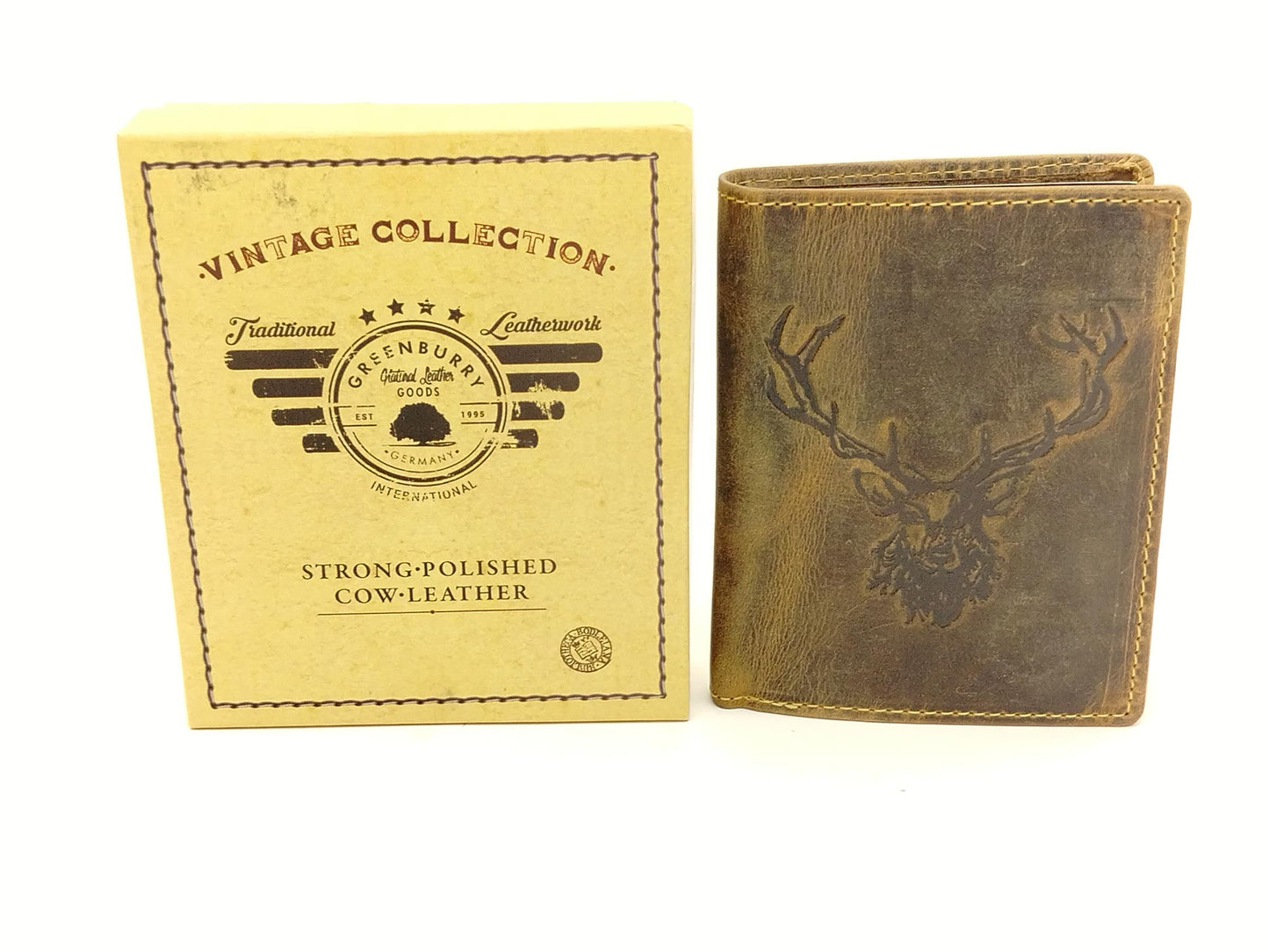 Vintage Leder Geldbörse braun Hirschmotiv Prägung Brieftasche Hirsch