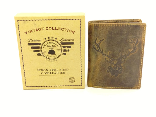 Vintage Leder Geldbörse braun Hirschmotiv Prägung Brieftasche Hirsch