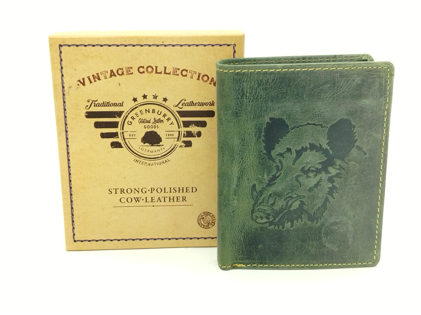 Herren Geldbörse Leder Vintage – Wildschwein Keiler Motiv, Hochformat mit Kartenfächern & Münzfach