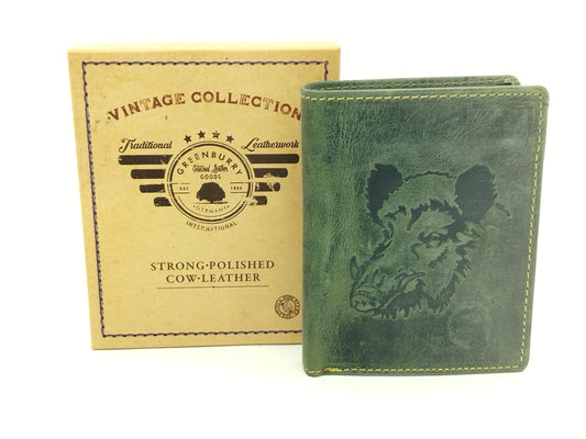 Herren Geldbörse Leder Vintage – Wildschwein Keiler Motiv, Hochformat mit Kartenfächern & Münzfach