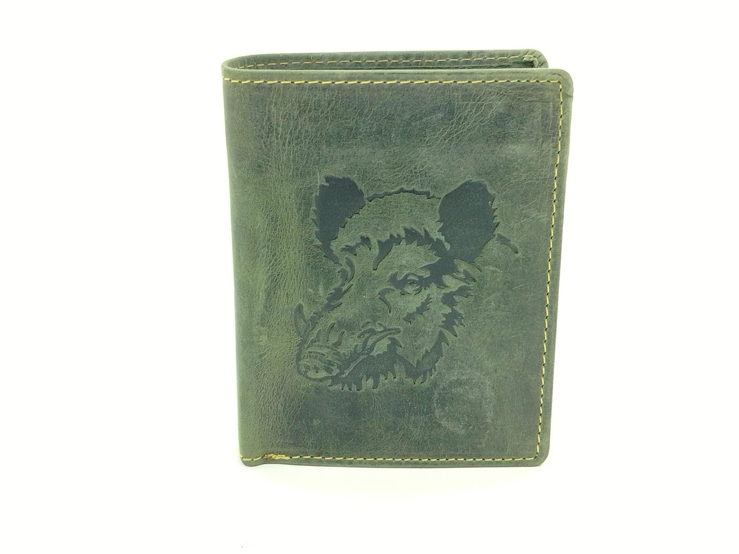 Herren Geldbörse Leder Vintage – Wildschwein Keiler Motiv, Hochformat mit Kartenfächern & Münzfach