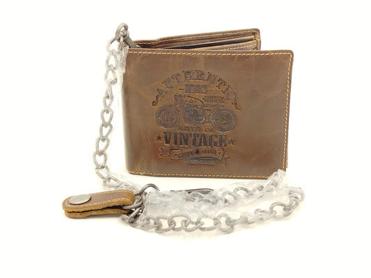 Hochwertige Herren Geldbörse aus Leder mit Kette Motorrad Prägung- Vintage Cafe-Racer, RFID - 12x10cm