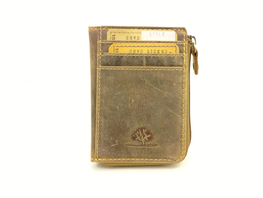 Mini Geldbörse Leder klein – Karten- und Münzbörse mit Reißverschluss, XS Portemonnaie Vintage Look braun