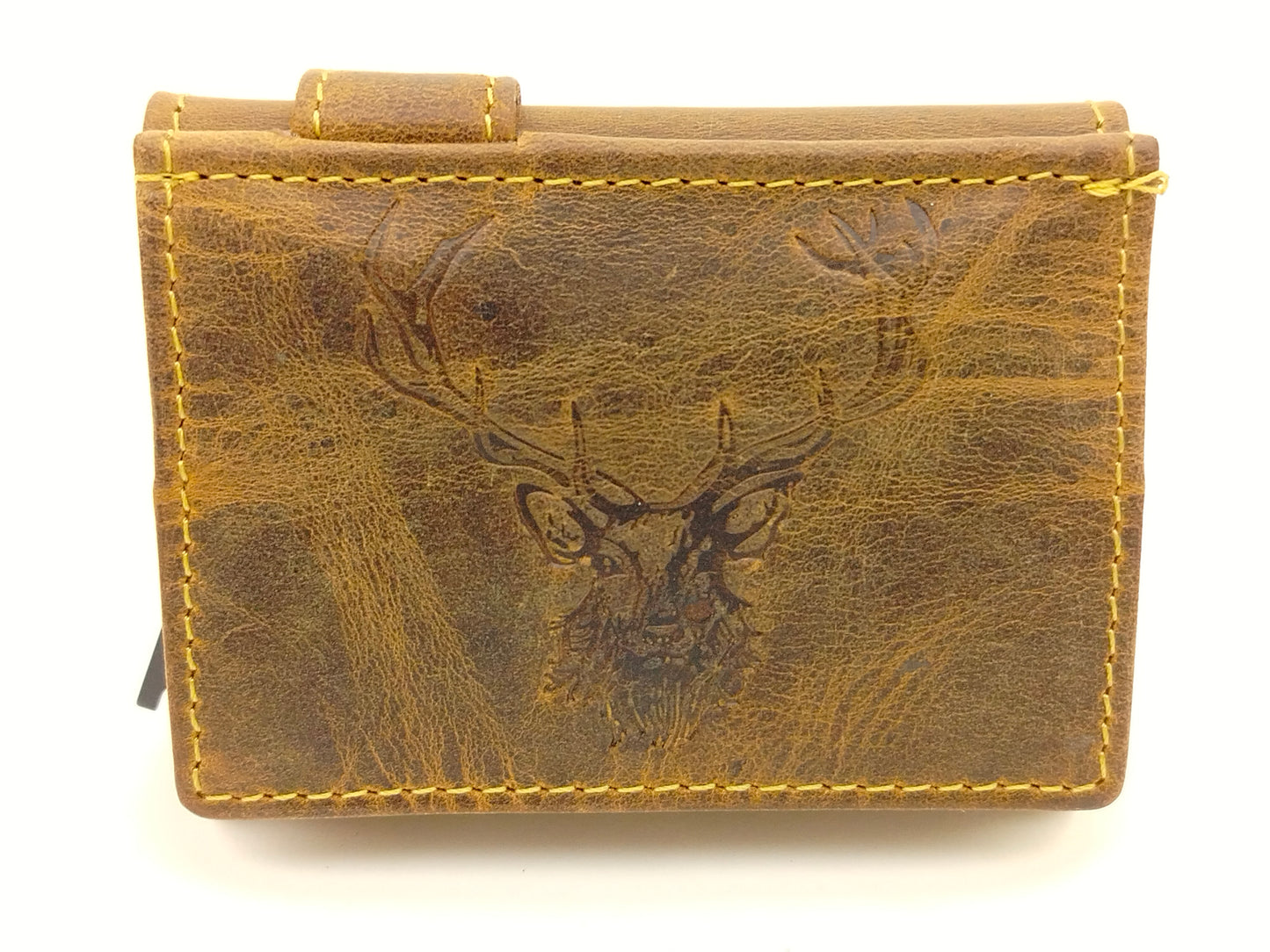 RFID Kartenetui Leder mit Münzfach – Vintage Card Slider Hirschprägung – kompaktes Portemonnaie für Damen & Herren