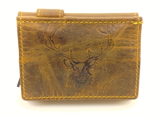 RFID Kartenetui Leder mit Münzfach – Vintage Card Slider Hirschprägung – kompaktes Portemonnaie für Damen & Herren