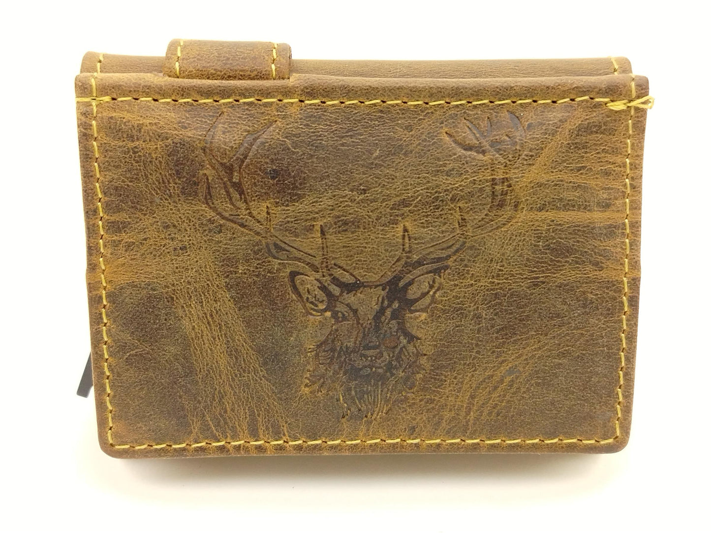RFID Kartenetui Leder mit Münzfach – Vintage Card Slider Hirschprägung – kompaktes Portemonnaie für Damen & Herren