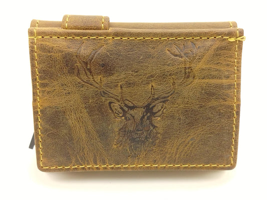 RFID Kartenetui Leder mit Münzfach – Vintage Card Slider Hirschprägung – kompaktes Portemonnaie für Damen & Herren
