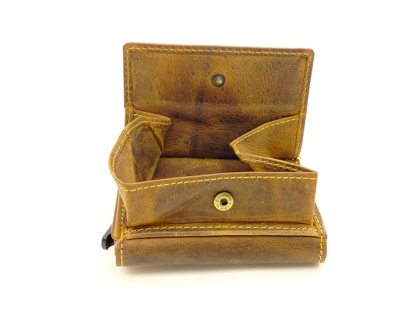 RFID Kartenetui Leder mit Münzfach – Vintage Card Slider Hirschprägung – kompaktes Portemonnaie für Damen & Herren