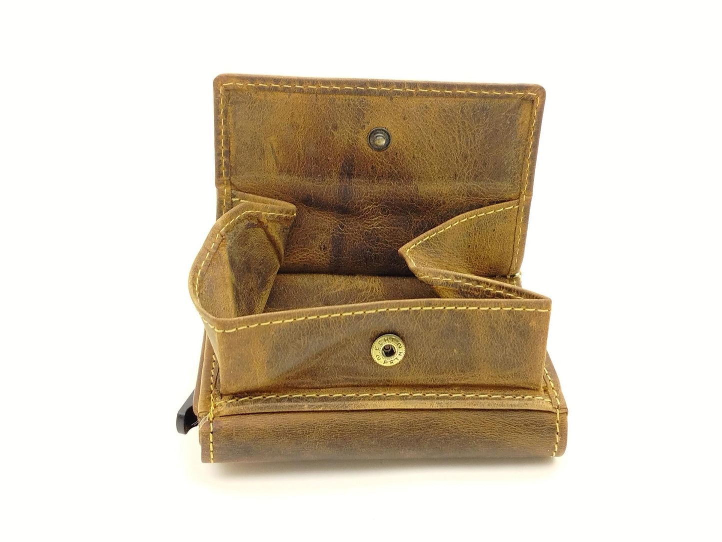 RFID Kartenetui Leder mit Münzfach – Vintage Card Slider Hirschprägung – kompaktes Portemonnaie für Damen & Herren