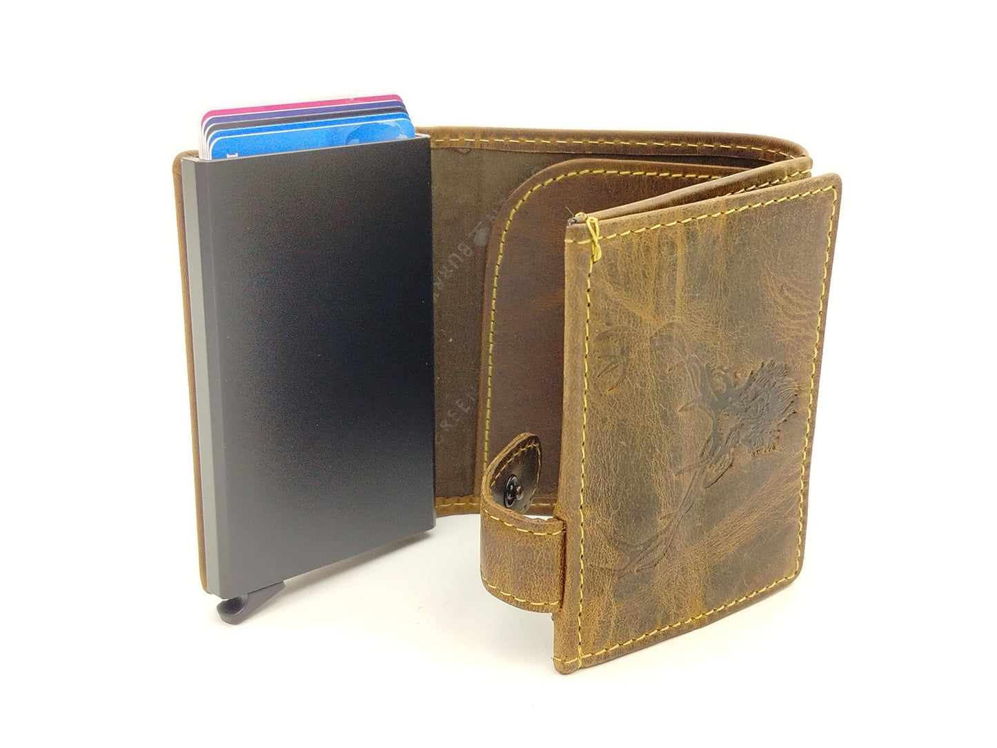 RFID Kartenetui Leder mit Münzfach – Vintage Card Slider Hirschprägung – kompaktes Portemonnaie für Damen & Herren
