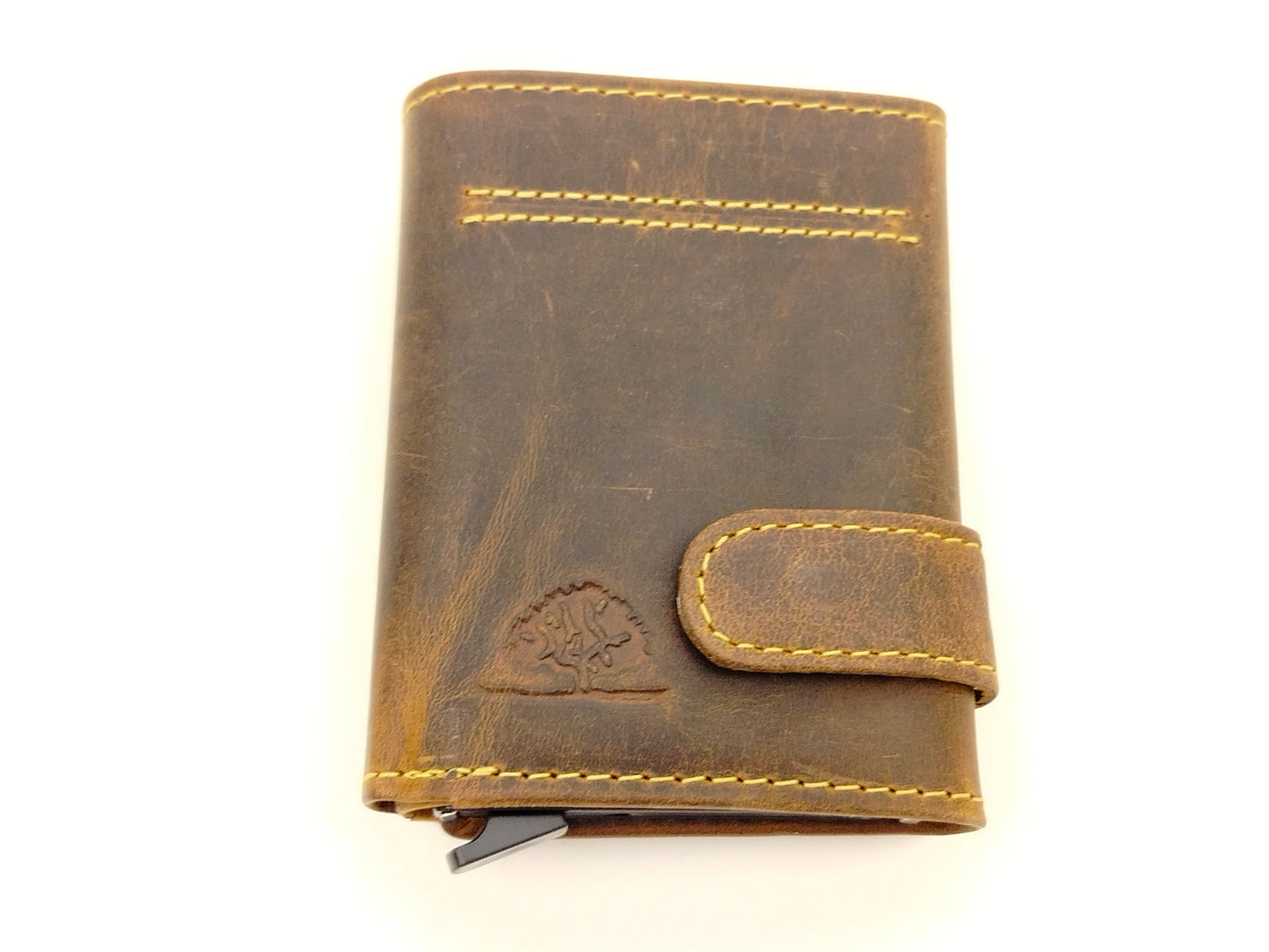 RFID Kartenetui Leder mit Münzfach – Vintage Card Slider Hirschprägung – kompaktes Portemonnaie für Damen & Herren