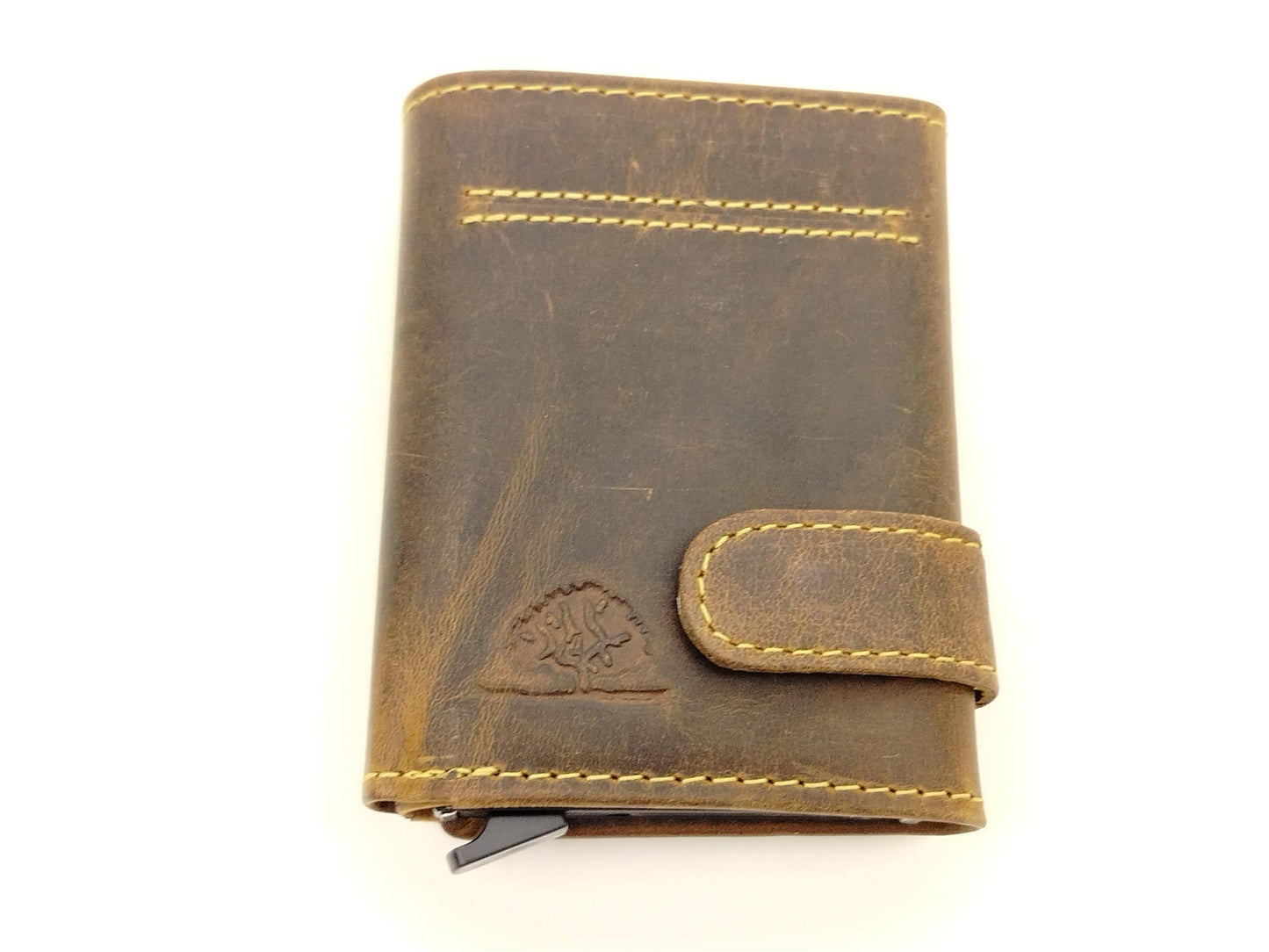 RFID Kartenetui Leder mit Münzfach – Vintage Card Slider Hirschprägung – kompaktes Portemonnaie für Damen & Herren