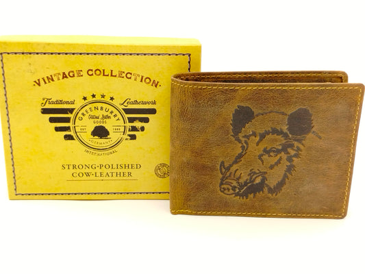 Wildschwein Geldbörse aus Vintageleder – Jägergeldbörse braun mit Keiler-Motiv