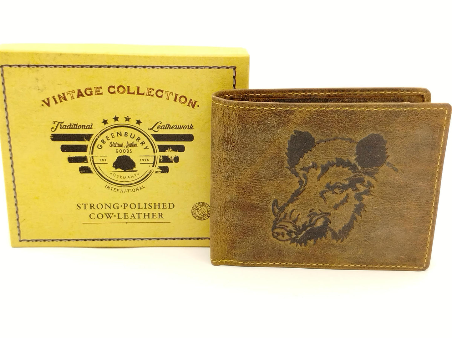 Wildschwein Geldbörse aus Vintageleder – Jägergeldbörse braun mit Keiler-Motiv