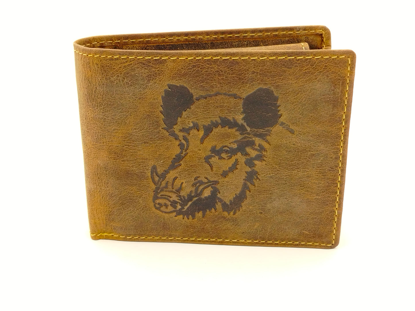 Wildschwein Geldbörse aus Vintageleder – Jägergeldbörse braun mit Keiler-Motiv