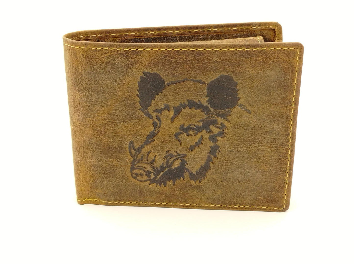 Wildschwein Geldbörse aus Vintageleder – Jägergeldbörse braun mit Keiler-Motiv
