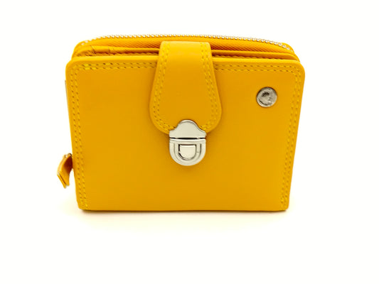 Damen Geldbörse Leder gelb – kleine Schlossbörse mit 9 Kartenfächern, kompakte Lederbörse