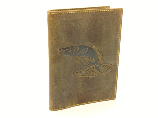 große Leder Ausweismappe Hecht Angler, braun 12 x 16,5cm