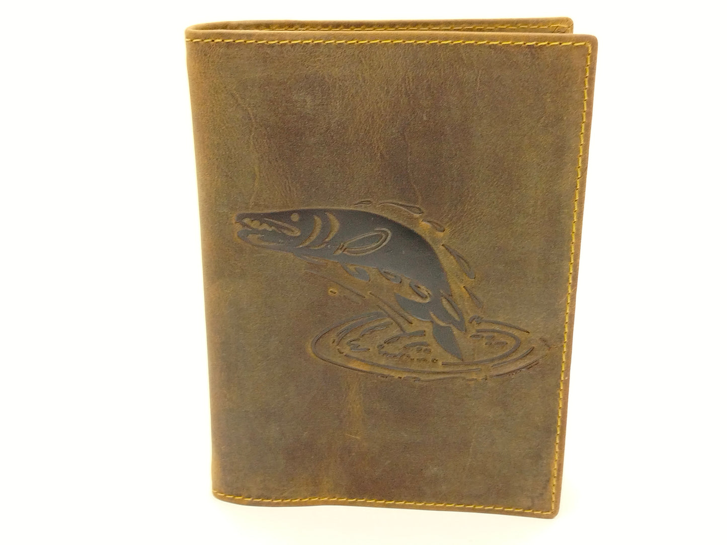 große Leder Ausweismappe Hecht Angler, braun 12 x 16,5cm