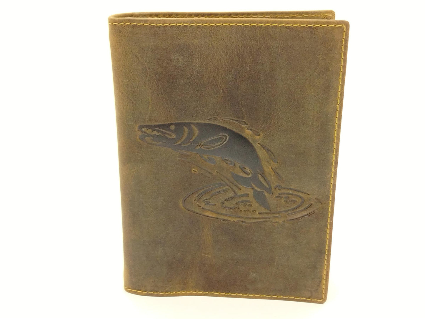 große Leder Ausweismappe Hecht Angler, braun 12 x 16,5cm