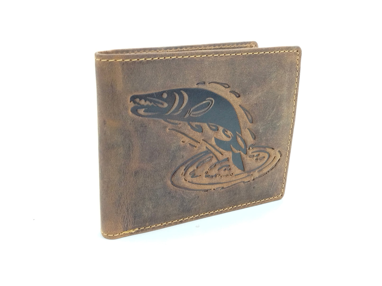 Angler Geldbörse Hecht Brieftasche Lederbörse braun Fisch