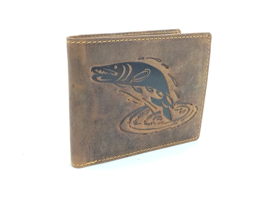 Angler Geldbörse Hecht Brieftasche Lederbörse braun Fisch